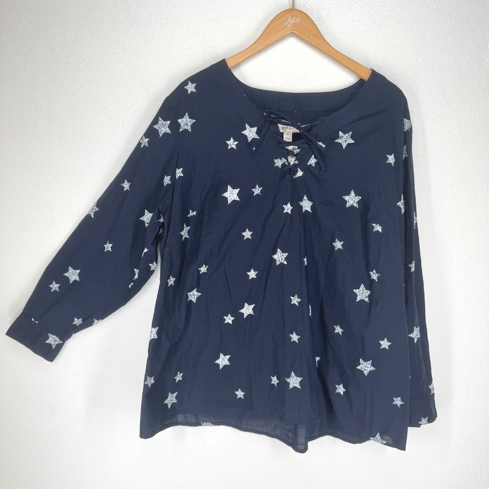 Style Co Womens 2X Lace Up Star Print NEW Tunic Top Blue Boho Celestial Relaxed